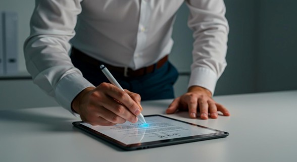 Hombre firmando con firma electrónica en Panamá